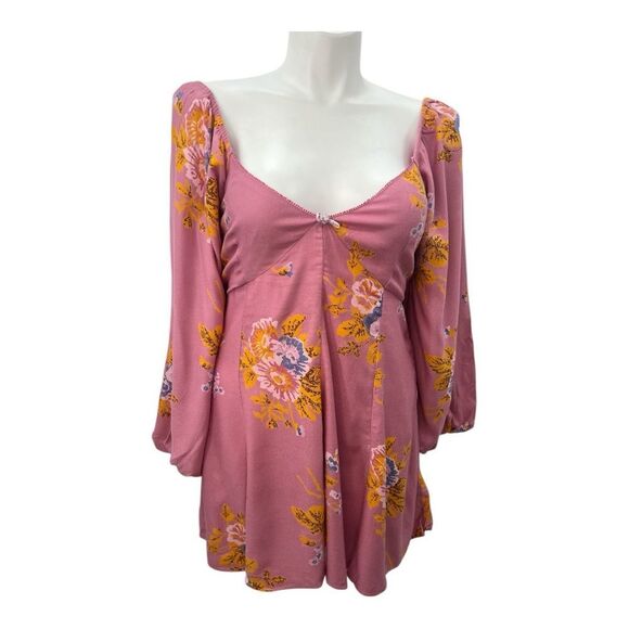 Free People Pink Floral Francesca Balloon Sleeve Mini Dress - Picture 1 of 5